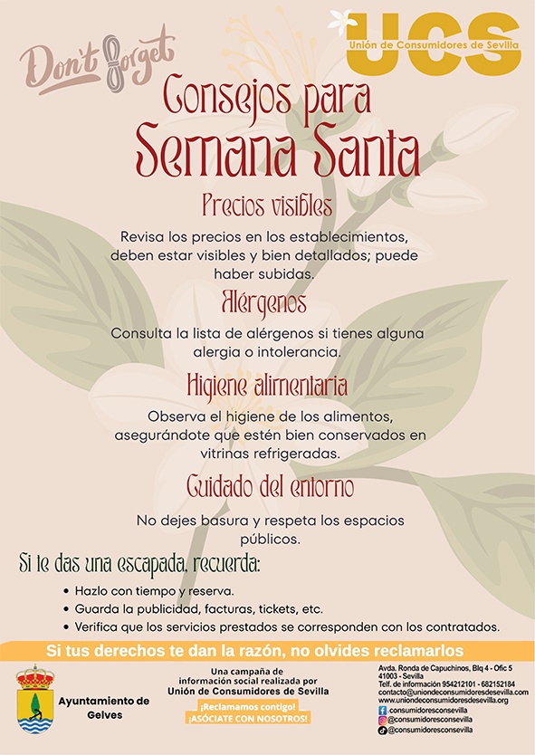 El ayuntamiento difunde campaña para un consumo responsable durante la Semana Santa promovida por la Unión de Consumidores de Sevilla Cartel de Semana Santa Ayuntamiento Gelves