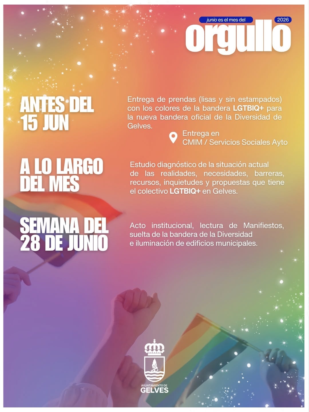 Gelves celebrará el próximo 25 de junio el acto institucional del Orgullo y el espectáculo musical "Glitter y Tacón" cartel mes orgulo actividades
